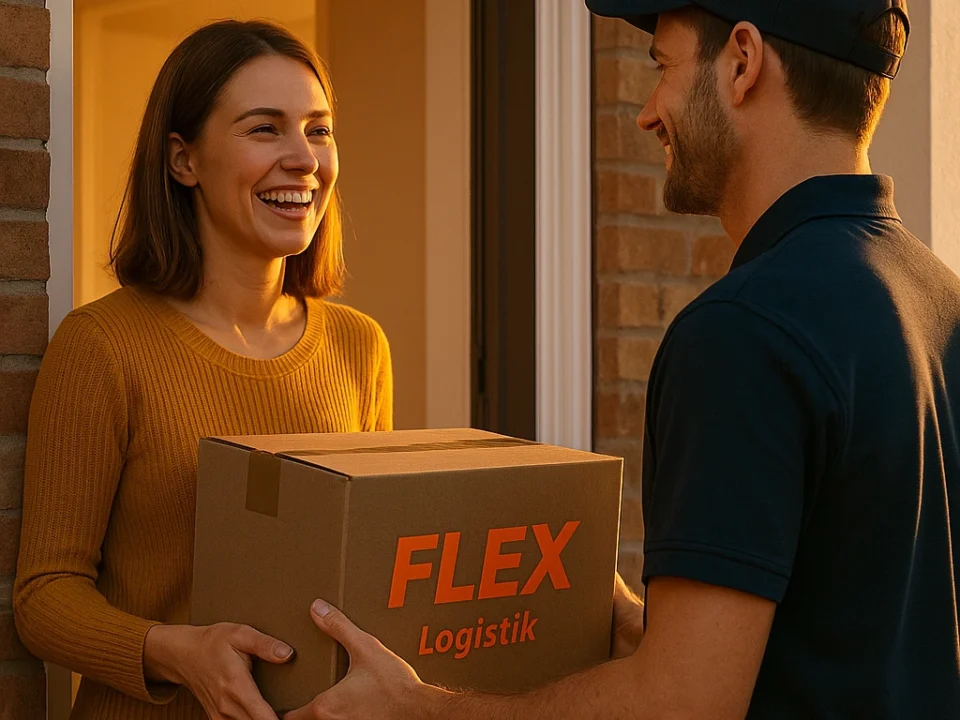 Customer smiling while receiving a fast and transparent delivery from FLEX Logistik courier.