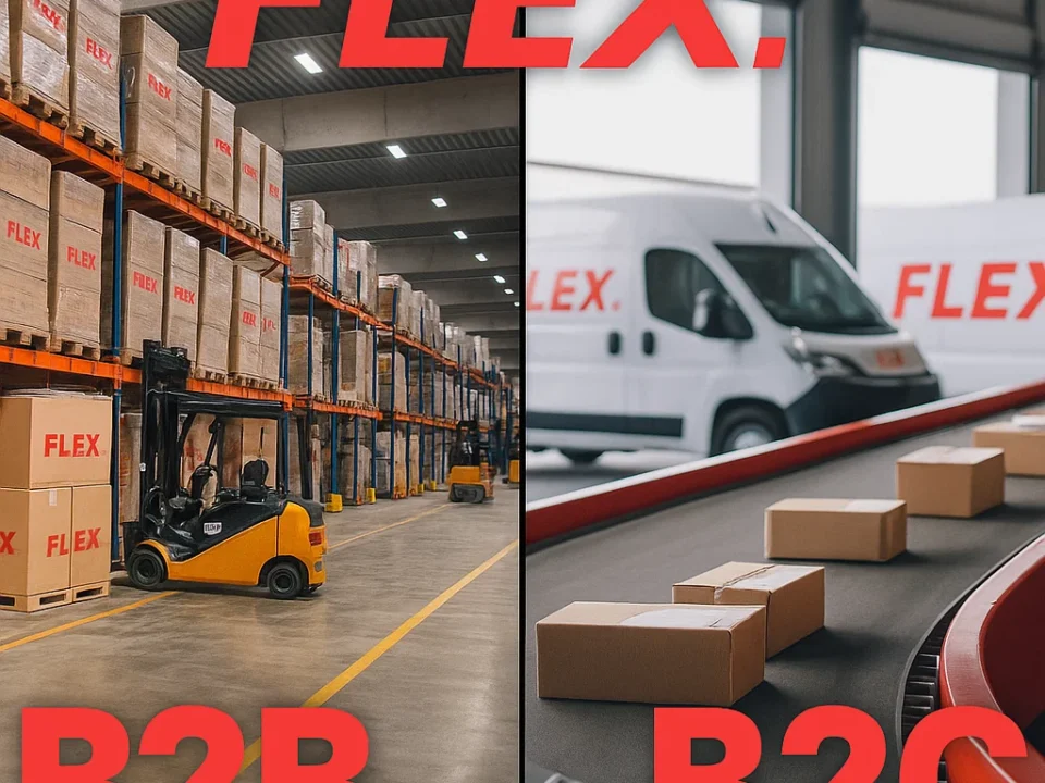 FLEX branding on B2B bulk shipments and B2C parcel delivery logistics