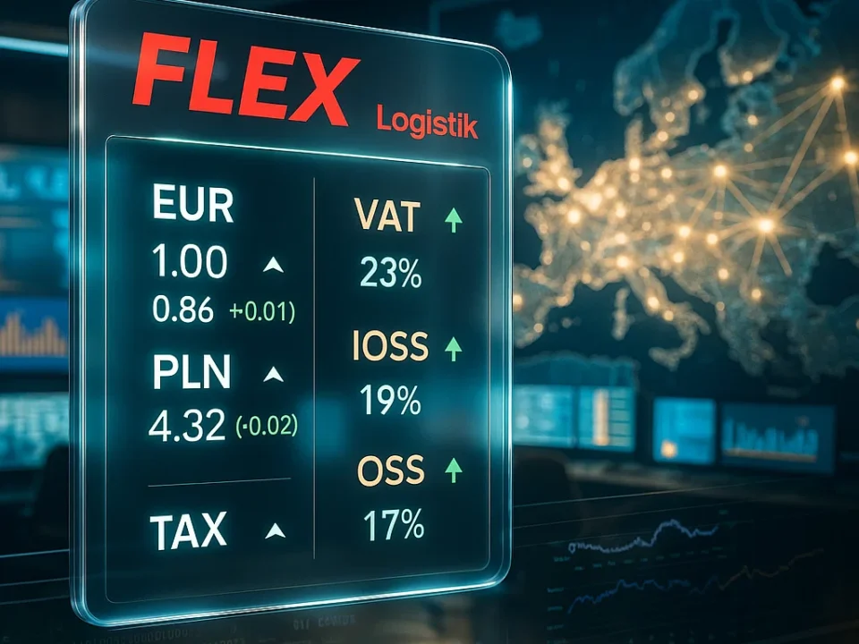 “Digital dashboard showing real-time currency conversion and VAT automation for EU e-commerce, with FLEX Logistik branding and European trade map background.”