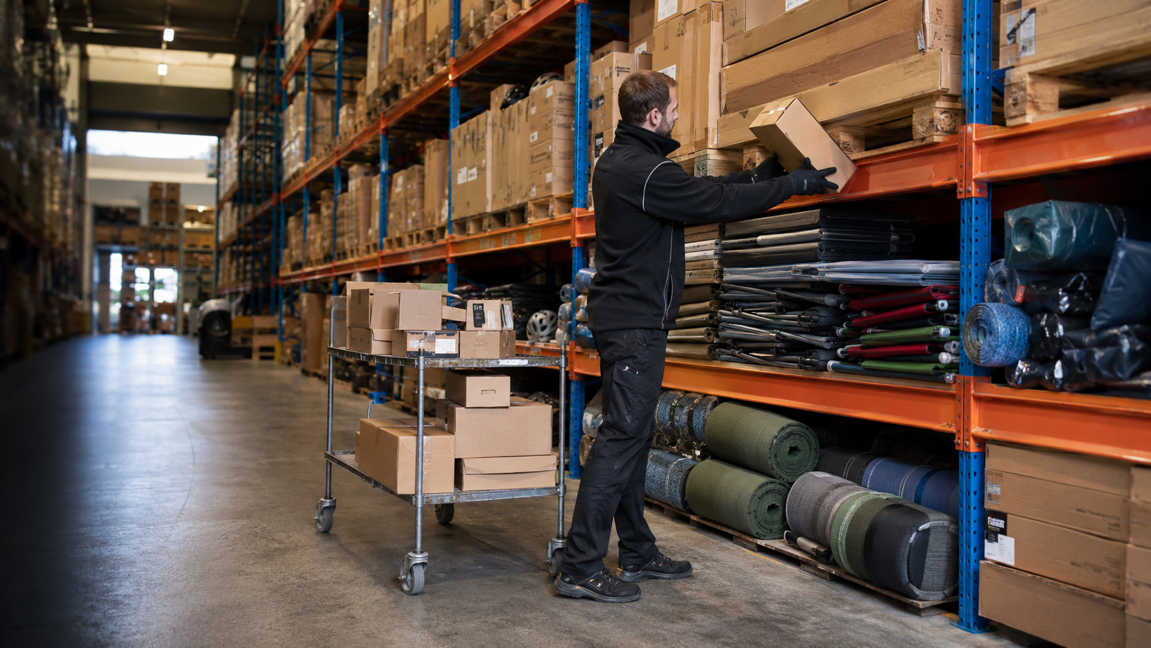 Warehouse worker picking bulky sports and outdoor products from racking with parcels and gear nearby.
