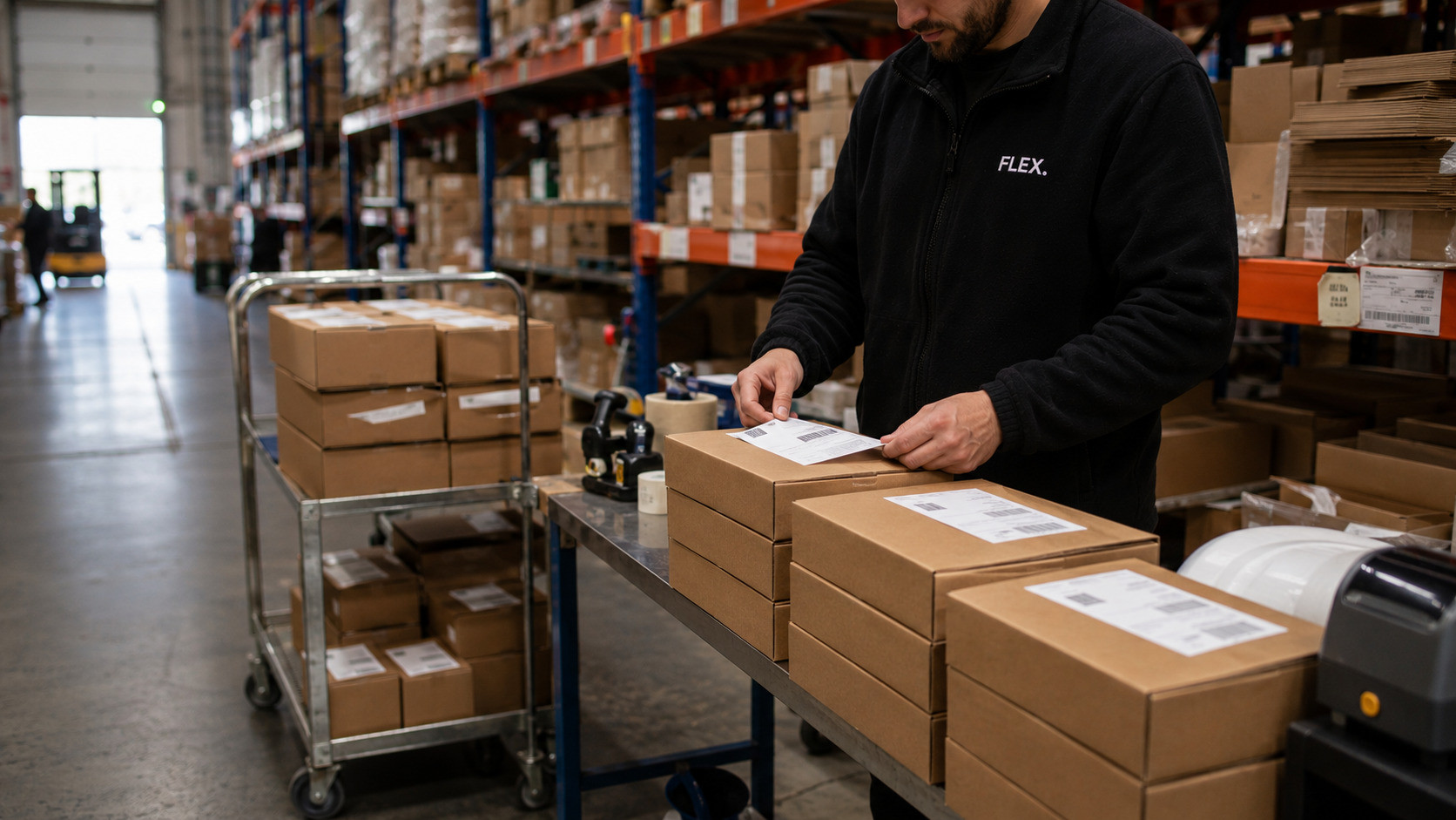 Finished subscription boxes stacked for dispatch while a worker applies shipping labels at a warehouse table.