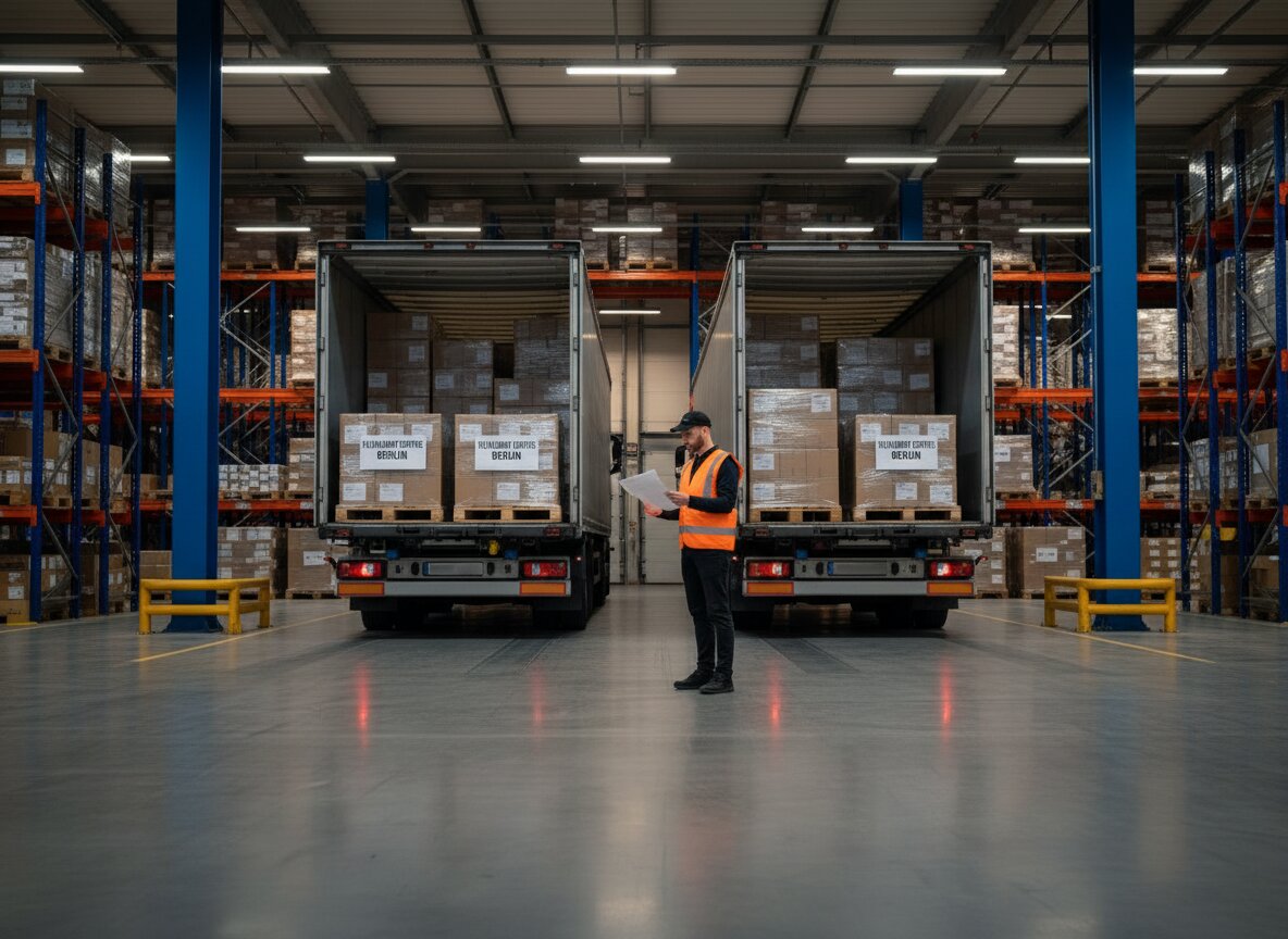 Wide shot of a warehouse dispatch bay at dusk, two trucks loaded for two different FC destinations