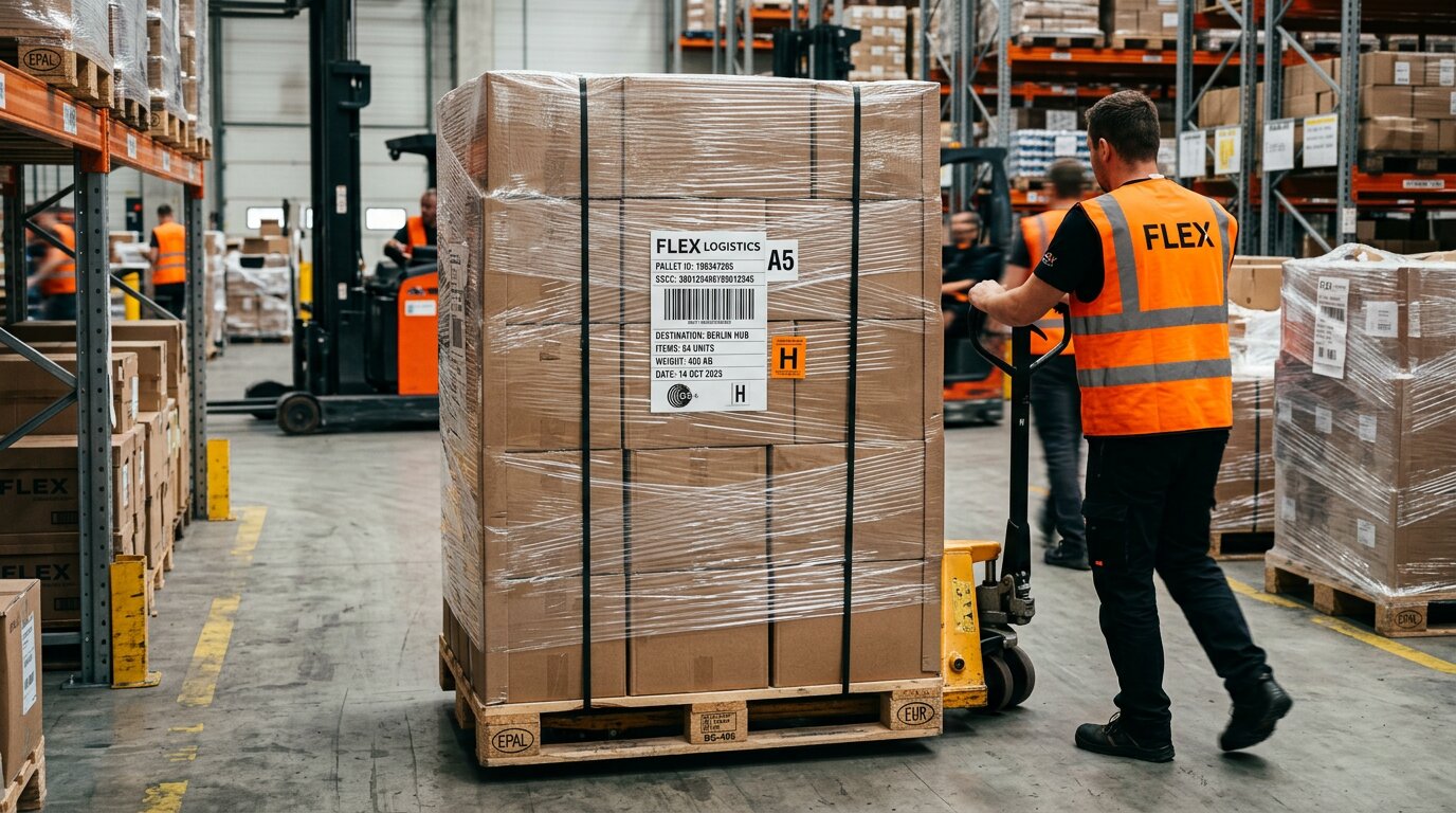 Close-up of a compliant Euro-pallet stacked under 1.8 meters with exterior scannable pallet labels